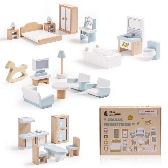 Robud Wooden Dollhouse Furniture Set, 23 Pcs Dollhouse Accessories, Miniature F